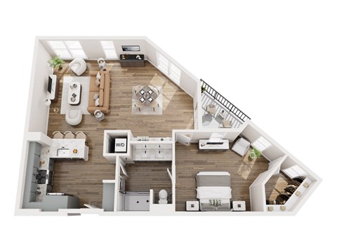 A top-down view of a house layout with a kitchen, living room, and bedrooms.